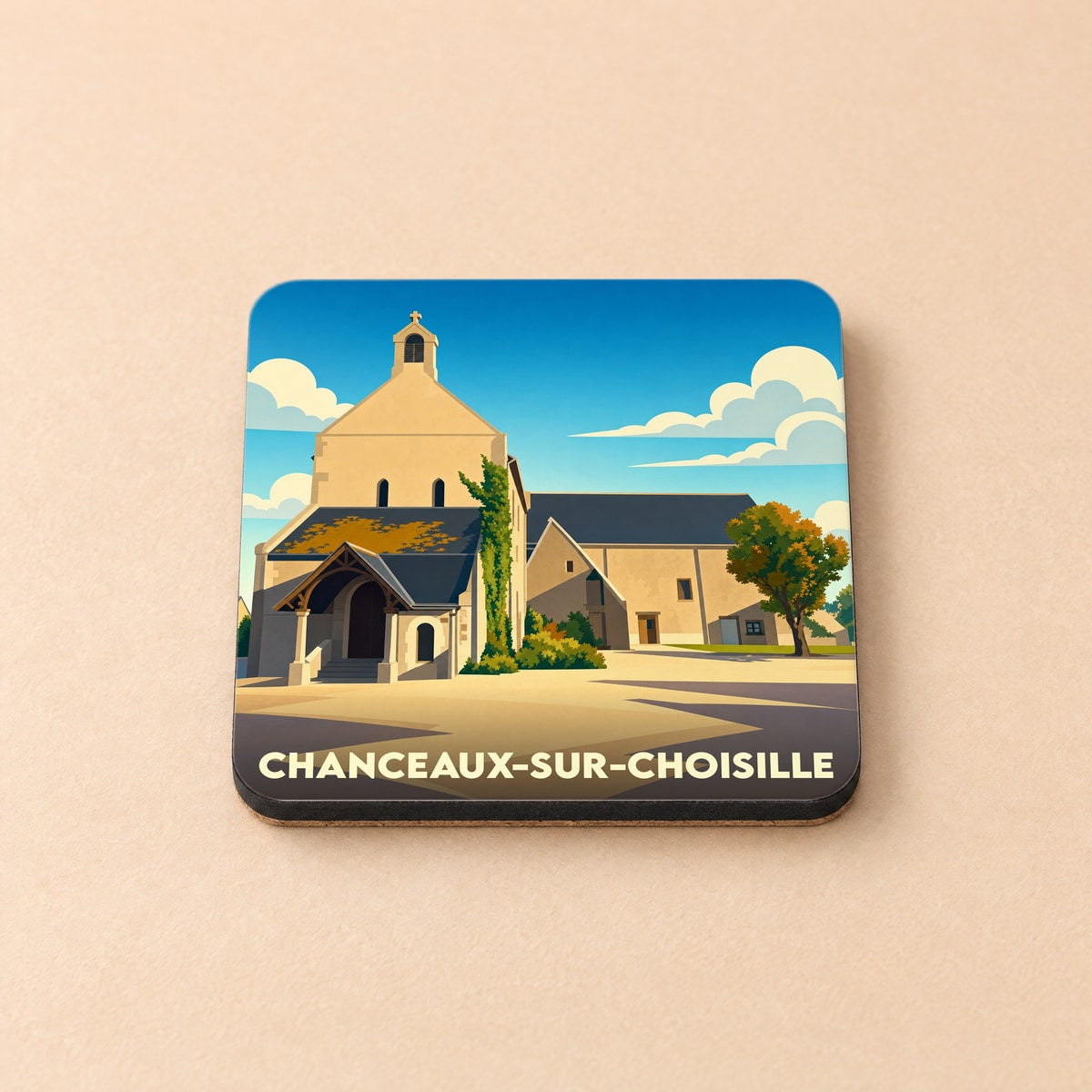 Dessous de verre souvenir de la ville de Chanceaux-sur-Choisille avec une illustration stylisée de son église.