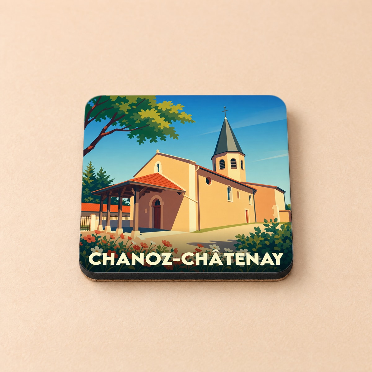 Dessous de verre souvenir de la ville de Chanoz-Châtenay avec une illustration stylisée de son église.
