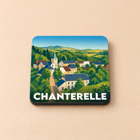 Dessous de verre souvenir de la ville de Chanterelle avec une illustration stylisée de son village.