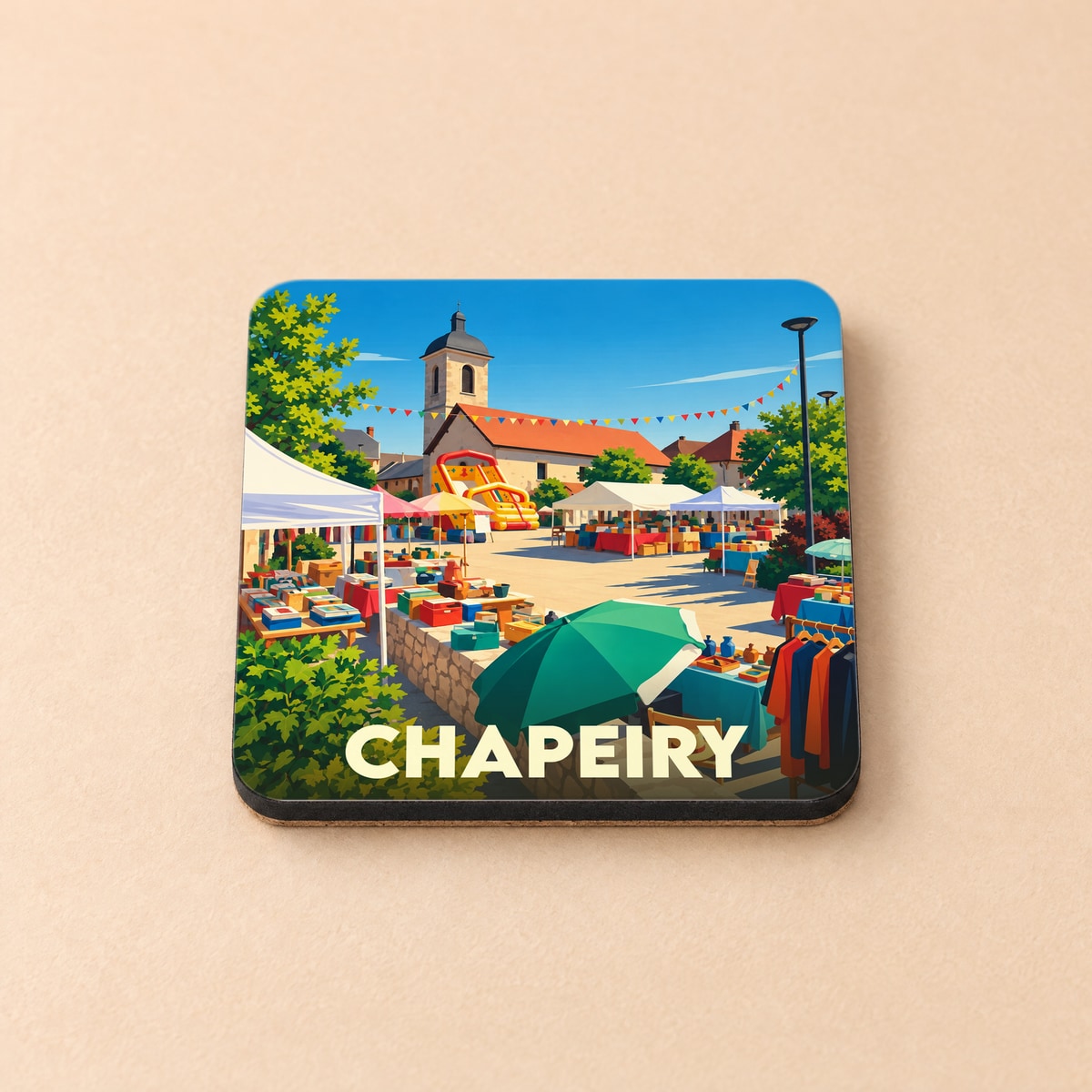 Dessous de verre souvenir de la ville de Chapeiry avec une illustration stylisée d'un marché ensoleillé.