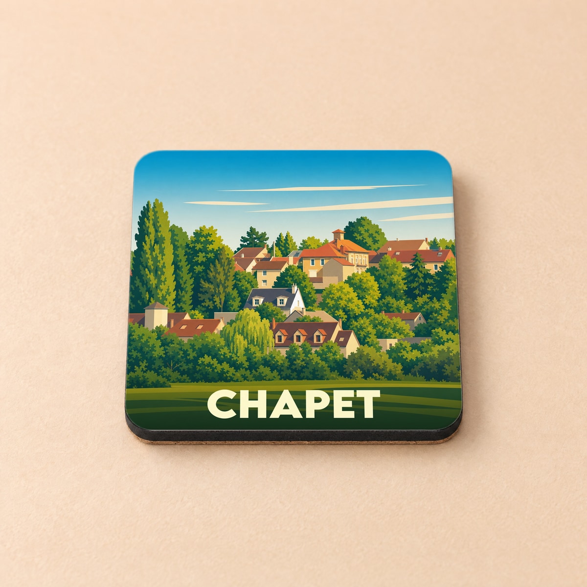 Dessous de verre souvenir de la ville de Chapet avec une illustration stylisée de ses maisons et de sa verdure.