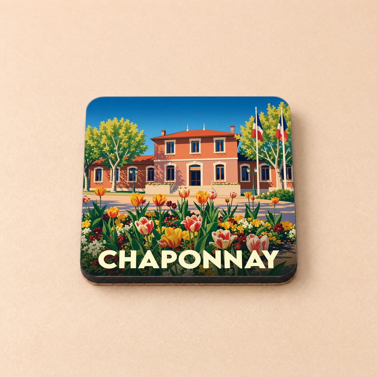 Dessous de verre souvenir de la ville de Chaponnay avec une illustration stylisée de la mairie fleurie.