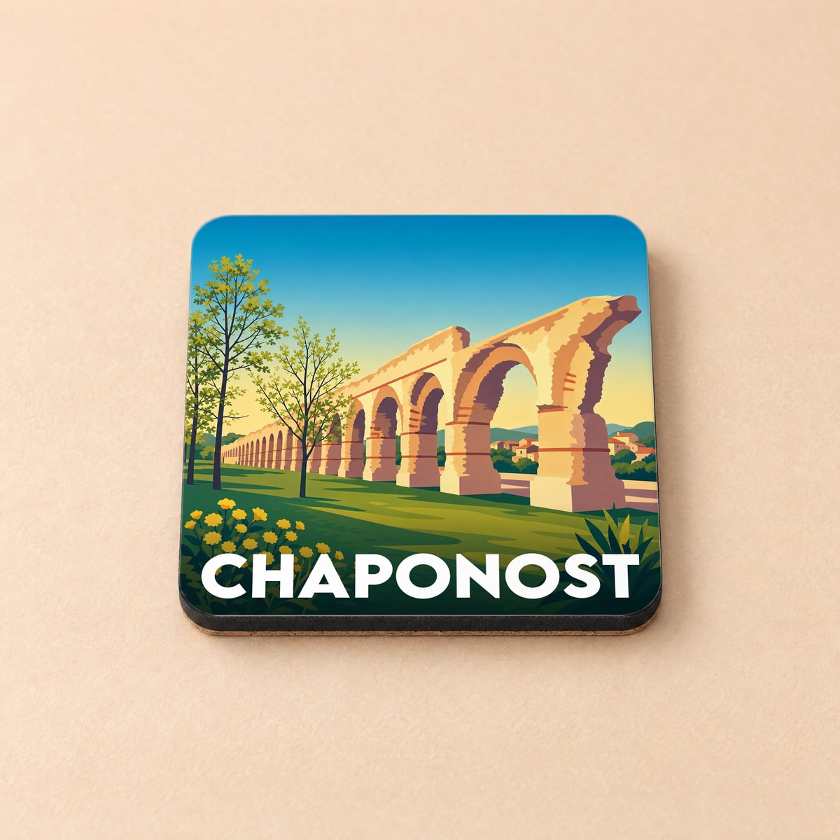 Dessous de verre souvenir de la ville de Chaponost illustrant les célèbres arches de son aqueduc romain.