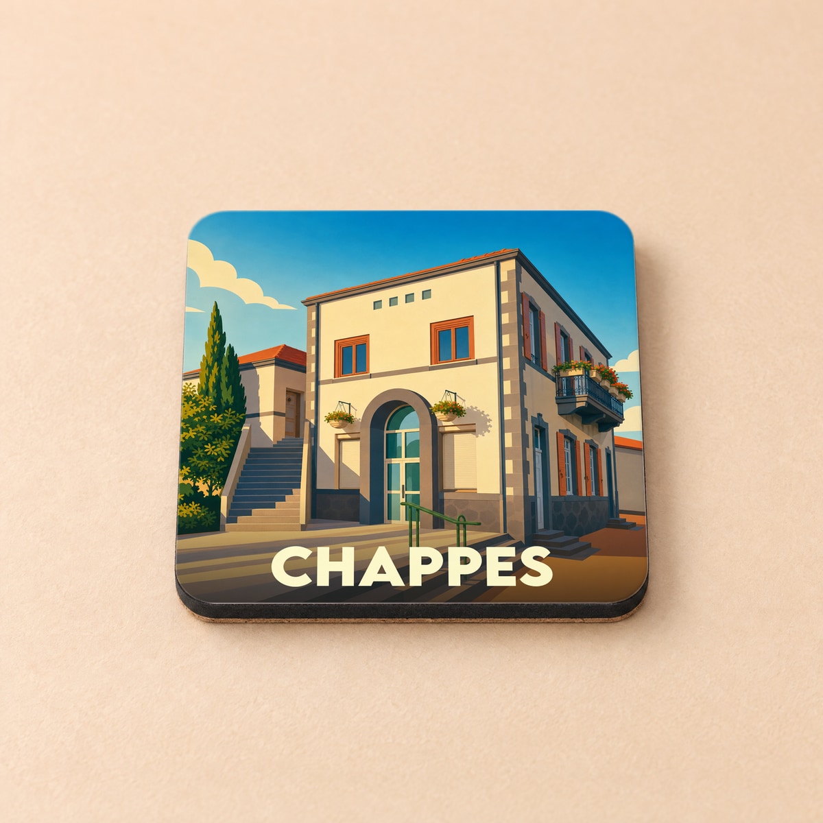 Dessous de verre souvenir de la ville de Chappes avec une illustration stylisée d'un bâtiment traditionnel.