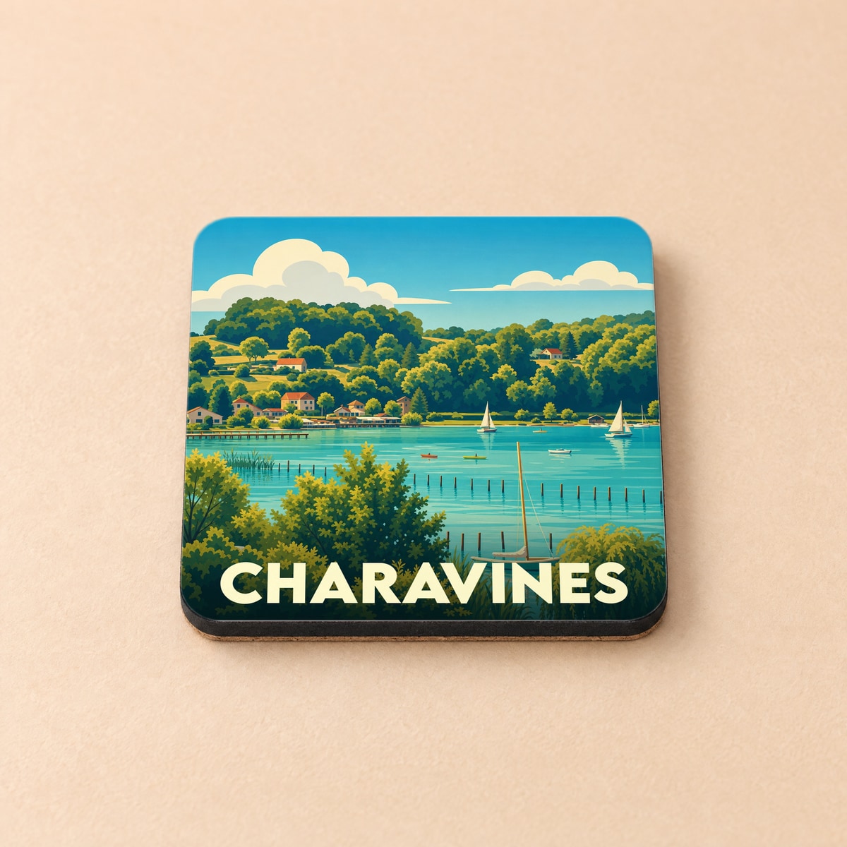 Dessous de verre souvenir de la ville de Charavines illustrant son lac et ses collines verdoyantes.