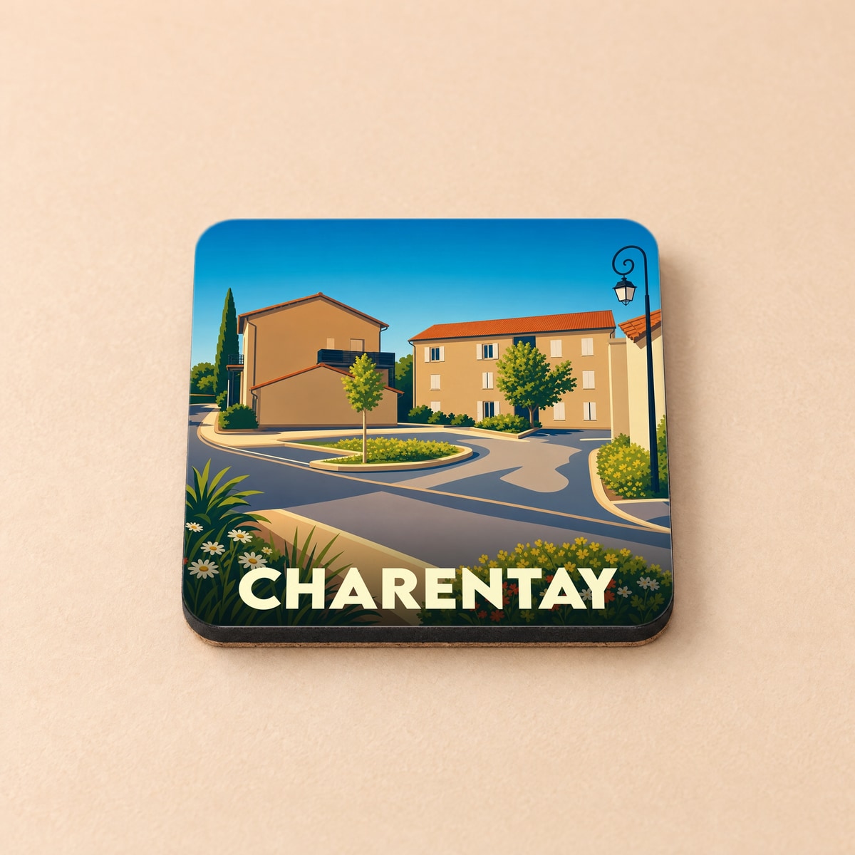 Dessous de verre souvenir de la ville de Charentay avec une illustration stylisée d'une place ensoleillée.