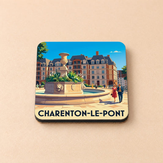 Dessous de verre souvenir de la ville de Charenton-le-Pont avec une illustration stylisée de sa place et de sa fontaine.