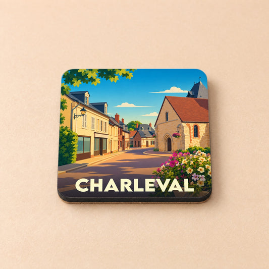 Dessous de verre souvenir de la ville de Charleval avec une illustration stylisée de ses rues et de son église.