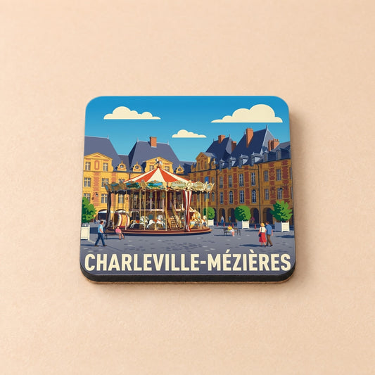 Dessous de verre souvenir de la ville de Charleville-Mézières avec une illustration stylisée de la Place Ducale et son carrousel.