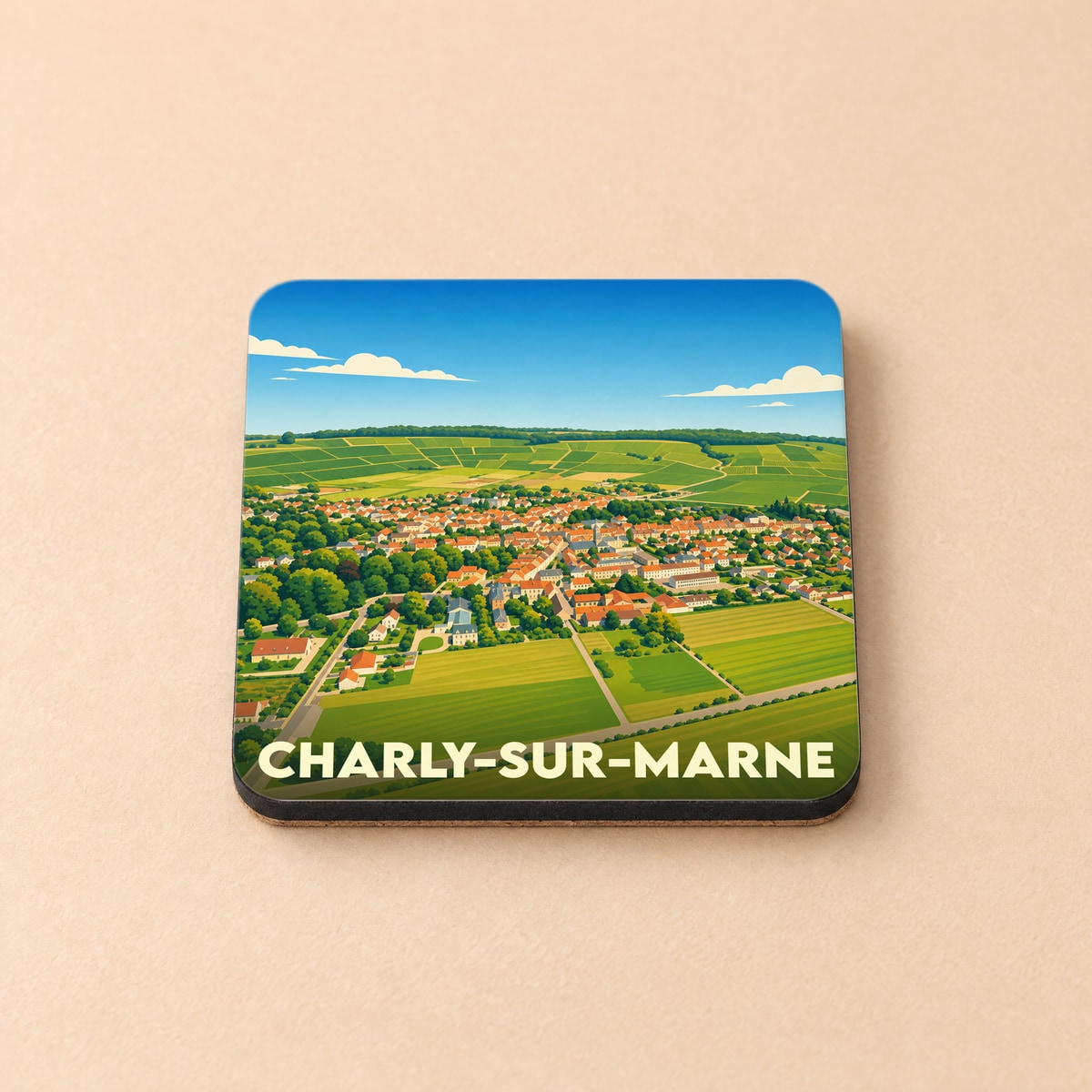 Dessous de verre souvenir de la ville de Charly-sur-Marne illustré d'une vue aérienne stylisée du village et de ses vignobles.