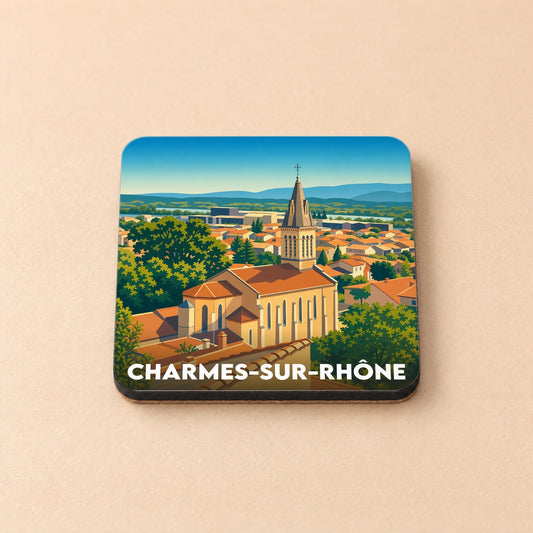 Dessous de verre souvenir de la ville de Charmes-sur-Rhône avec une illustration stylisée de son église et de son panorama.