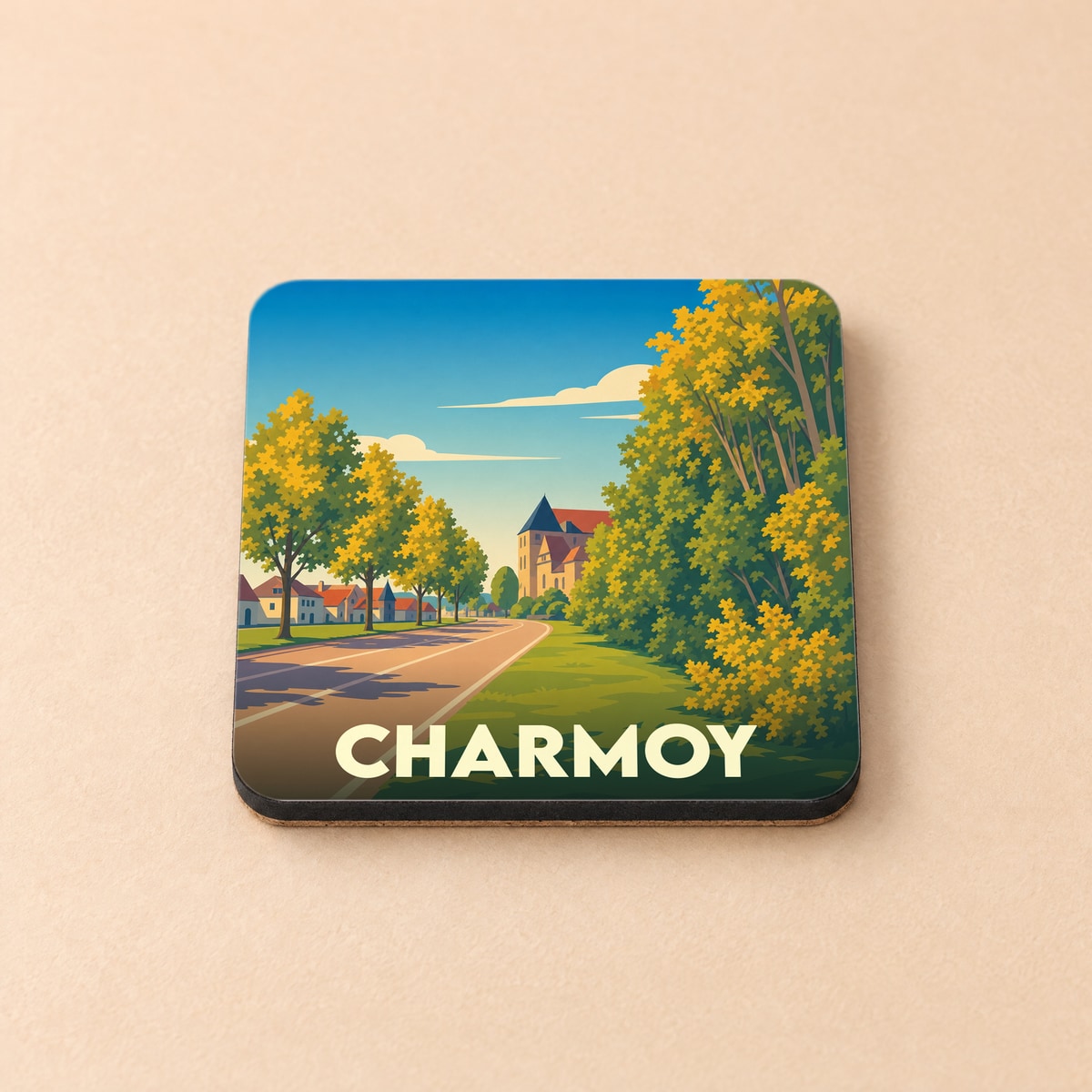 Dessous de verre souvenir de la ville de Charmoy avec une illustration stylisée d'un paysage urbain arboré.
