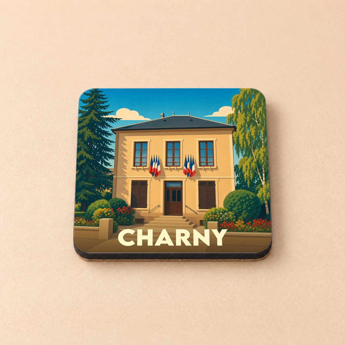 Dessous de verre souvenir de la ville de Charny avec une illustration stylisée de sa mairie.