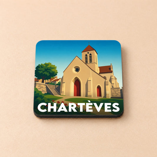 Dessous de verre souvenir de la ville de Chartèves avec une illustration stylisée de son église.