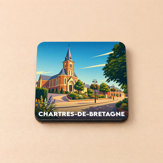 Dessous de verre souvenir de la ville de Chartres-de-Bretagne avec une illustration stylisée de son église.