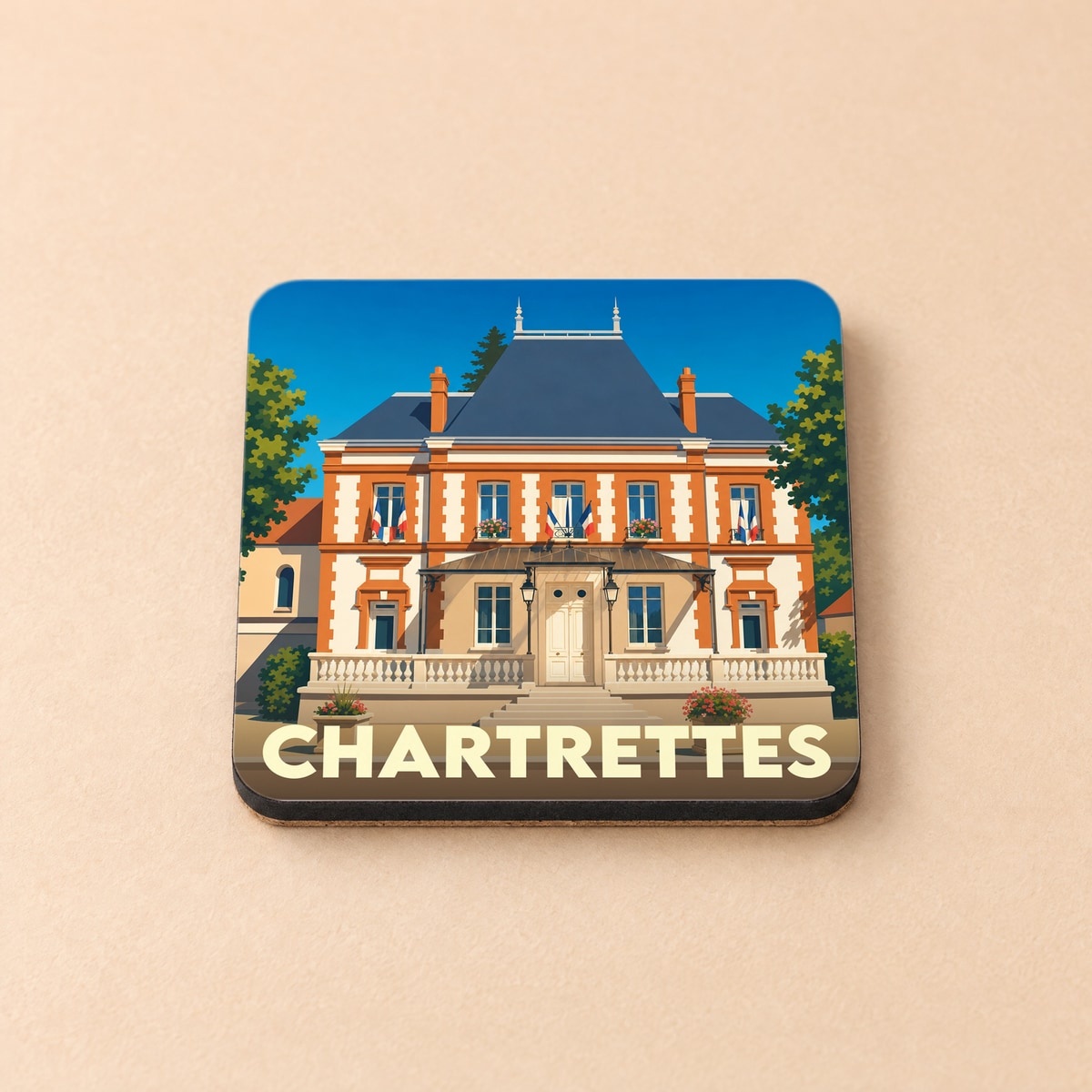Dessous de verre souvenir de la ville de Chartrettes orné d'une illustration stylisée de sa mairie.
