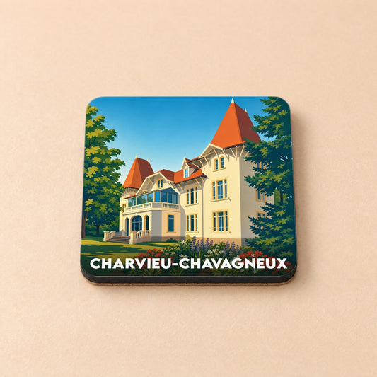 Dessous de verre souvenir de la ville de Charvieu-Chavagneux avec une illustration stylisée d'un manoir.