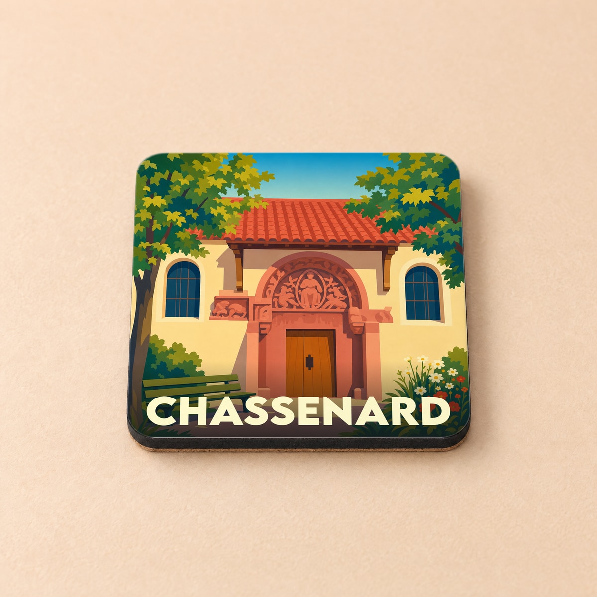 Dessous de verre souvenir de la ville de Chassenard avec une illustration stylisée de son église romane.