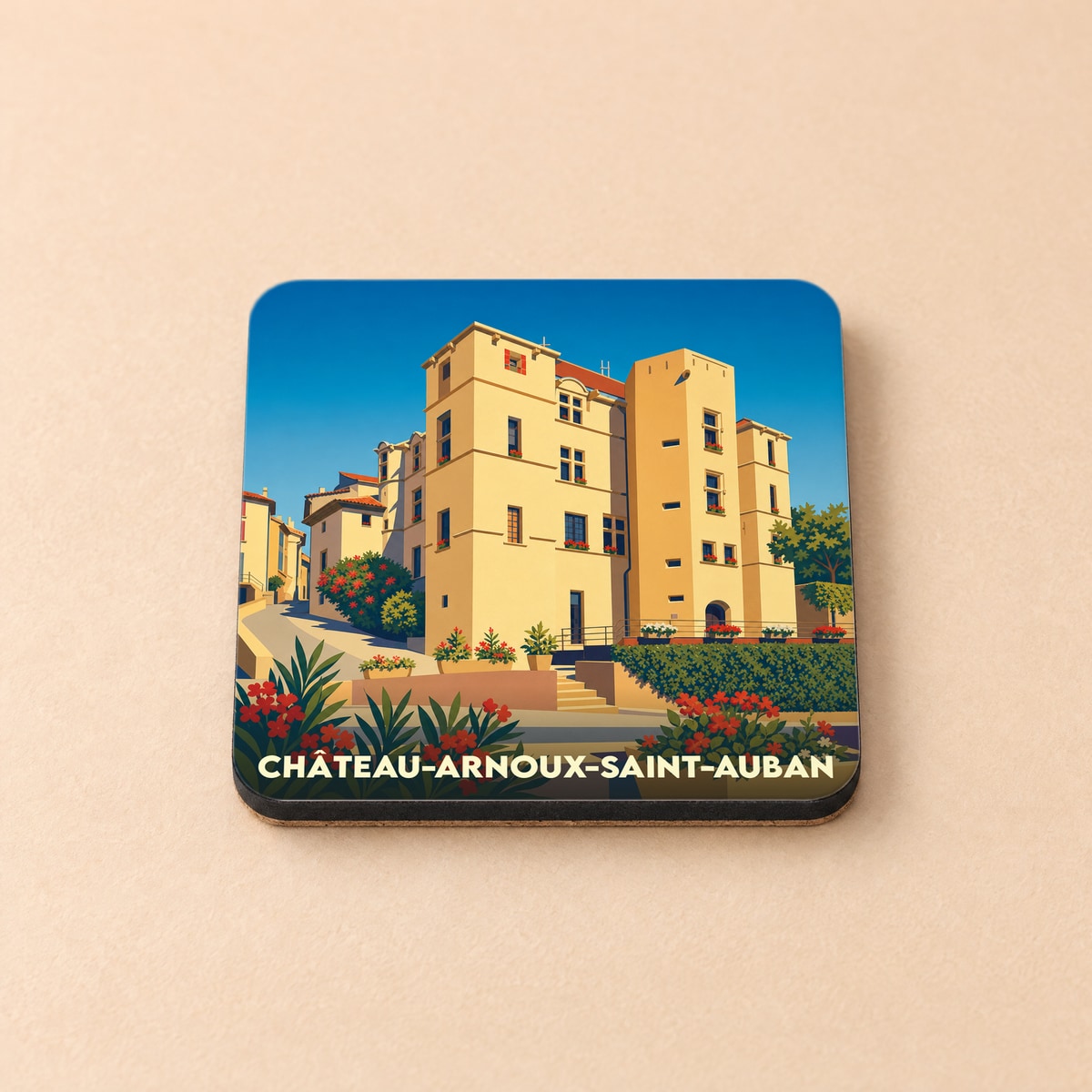 Dessous de verre souvenir de la ville de Château-Arnoux-Saint-Auban avec une illustration stylisée.