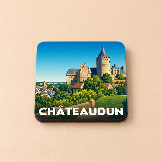 Dessous de verre souvenir de la ville de Châteaudun avec une illustration stylisée de son château.