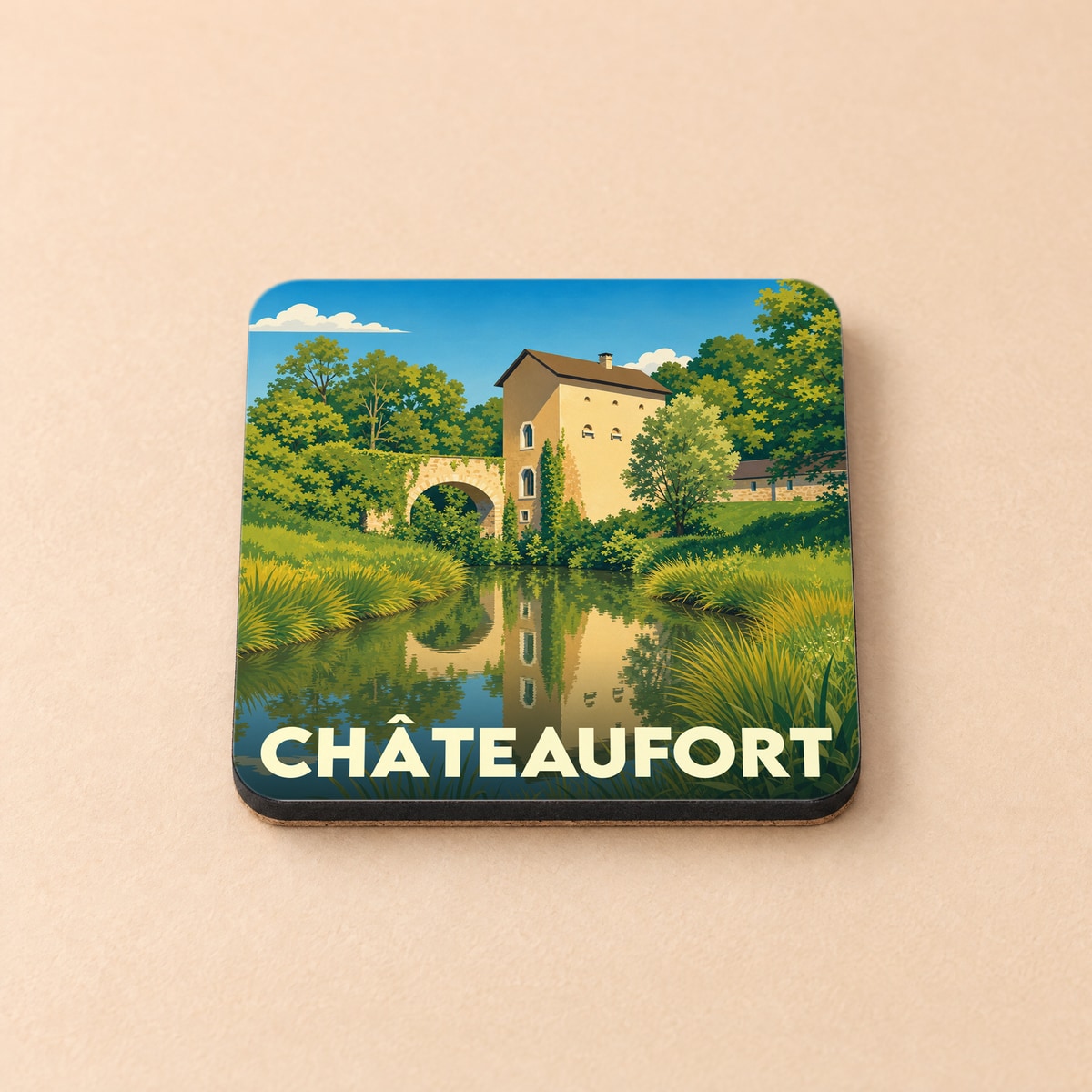 Dessous de verre souvenir de la ville de Châteaufort avec une illustration stylisée.