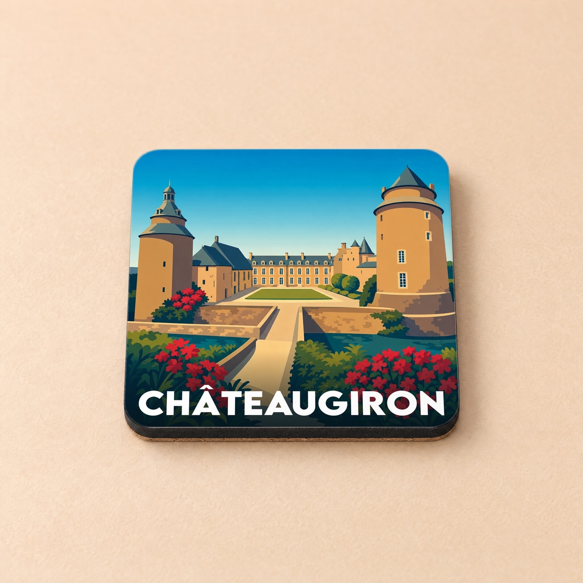 Dessous de verre souvenir de la ville de Châteaugiron avec une illustration stylisée de son château.