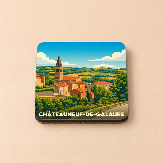 Dessous de verre souvenir de la ville de Châteauneuf-de-Galaure avec une illustration stylisée du village.