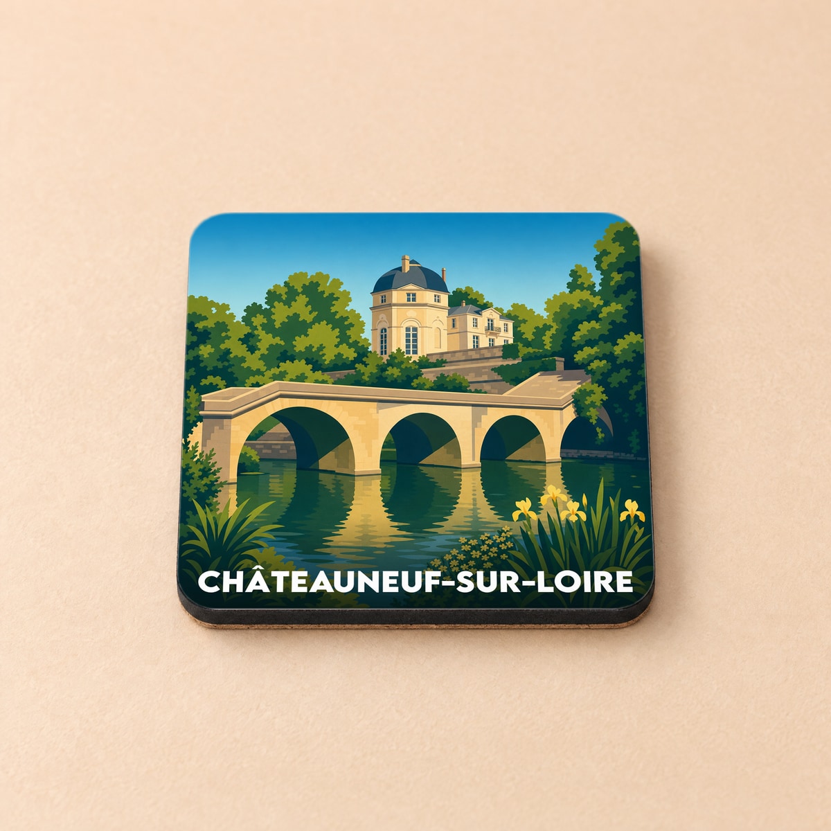 Dessous de verre souvenir de la ville de Châteauneuf-sur-Loire avec une illustration stylisée.