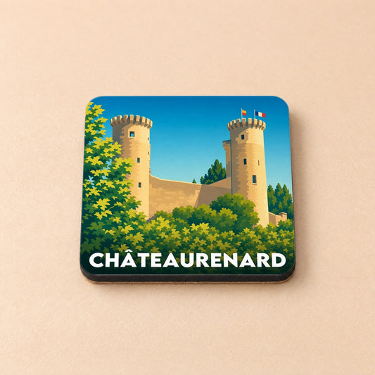 Dessous de verre souvenir de la ville de Châteaurenard illustrant son château médiéval de façon stylisée.