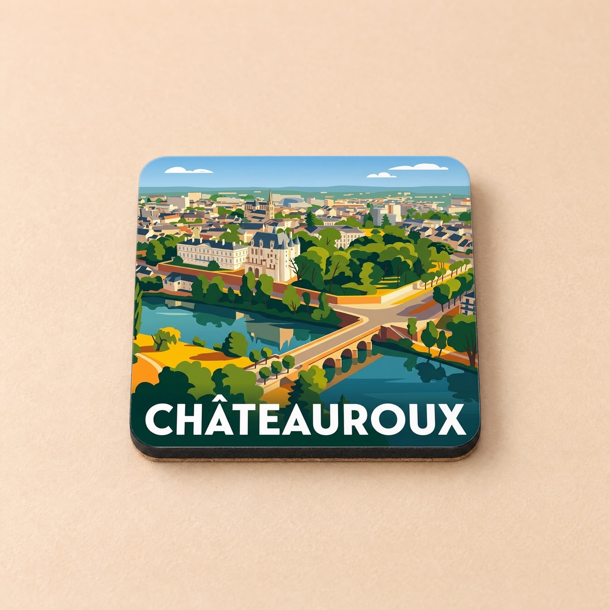 Dessous de verre souvenir de la ville de Châteauroux avec une illustration stylisée de son paysage urbain.