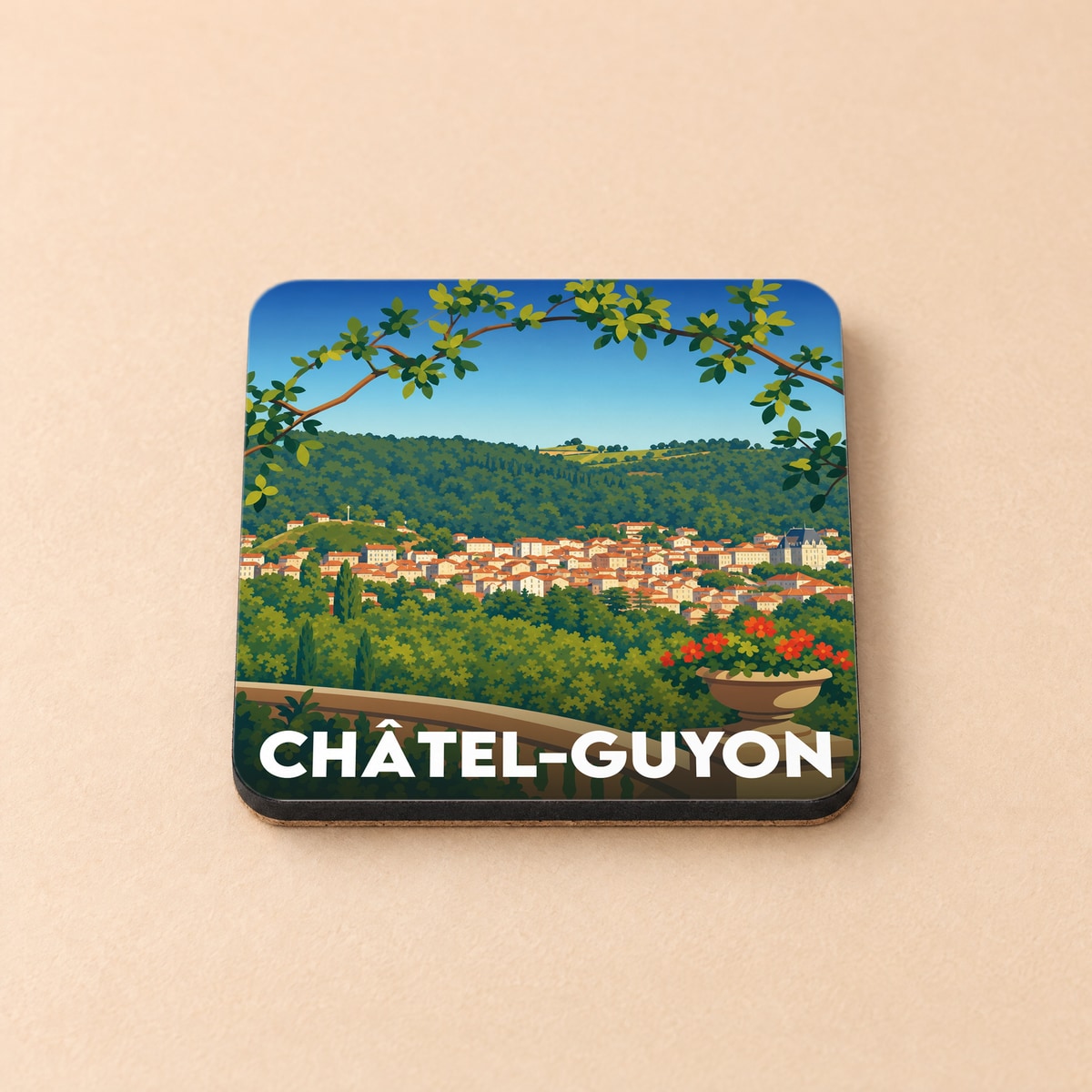 Dessous de verre souvenir de la ville de Châtel-Guyon avec une illustration stylisée.