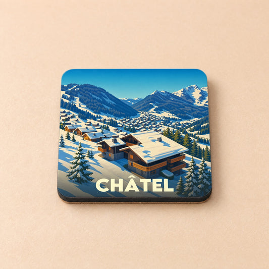 Dessous de verre souvenir de la ville de Châtel avec une illustration stylisée d'un village de montagne enneigé.