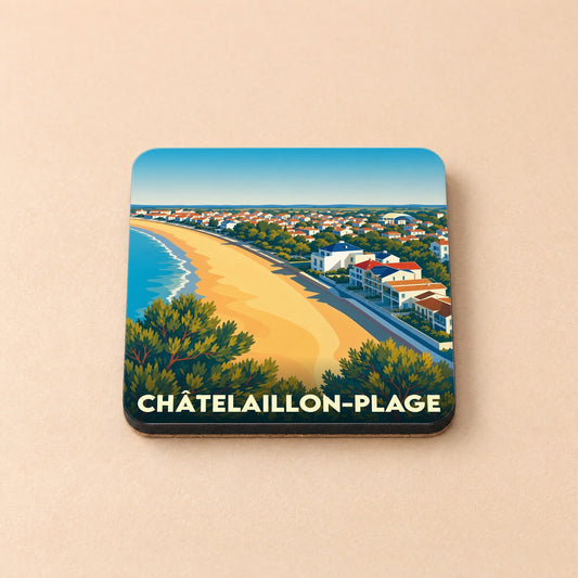Dessous de verre souvenir de la ville de Châtelaillon-Plage avec une illustration stylisée de sa plage et de son front de mer.