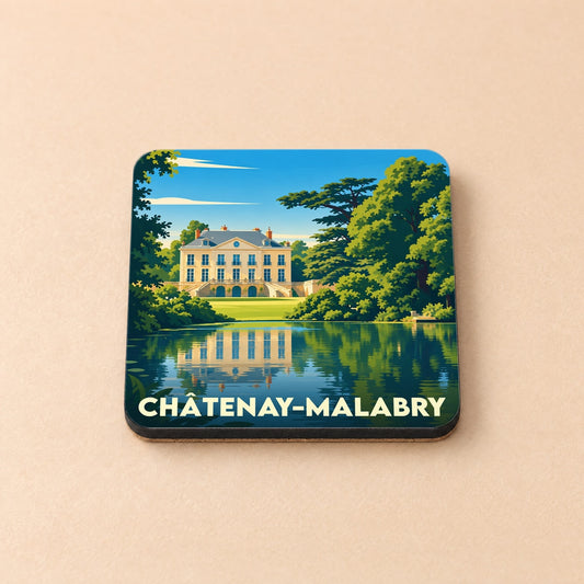 Dessous de verre souvenir de la ville de Châtenay-Malabry avec une illustration stylisée d'un château se reflétant dans l'eau.