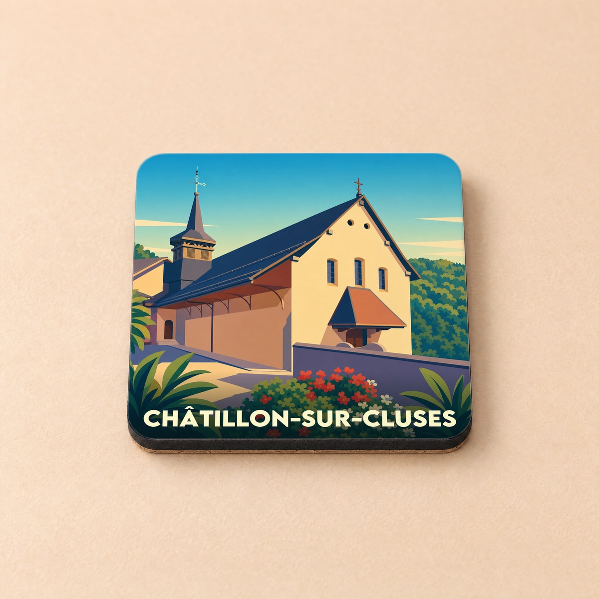 Dessous de verre souvenir de Châtillon-sur-Cluses illustré d'un bâtiment historique dans un style graphique épuré.