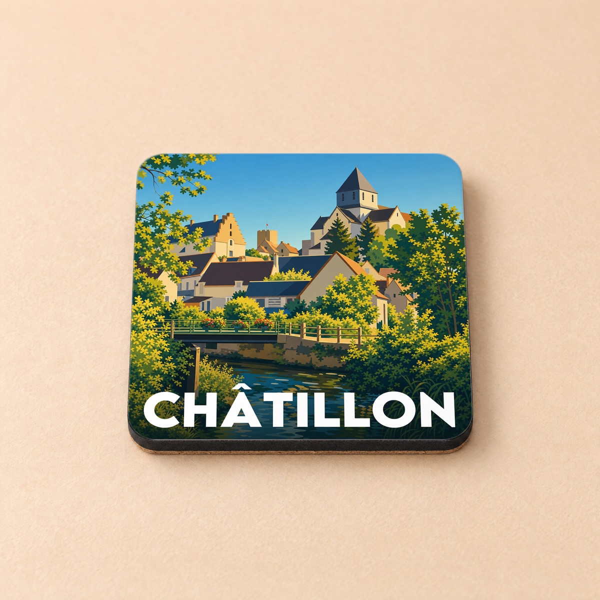 Dessous de verre souvenir de la ville de Châtillon avec une illustration stylisée.