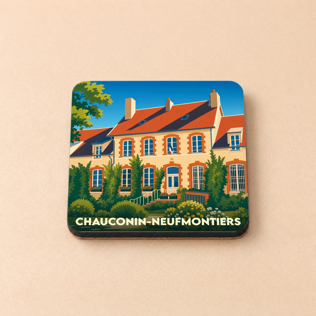 Dessous de verre souvenir de la ville de Chauconin-Neufmontiers avec une illustration stylisée de sa mairie.