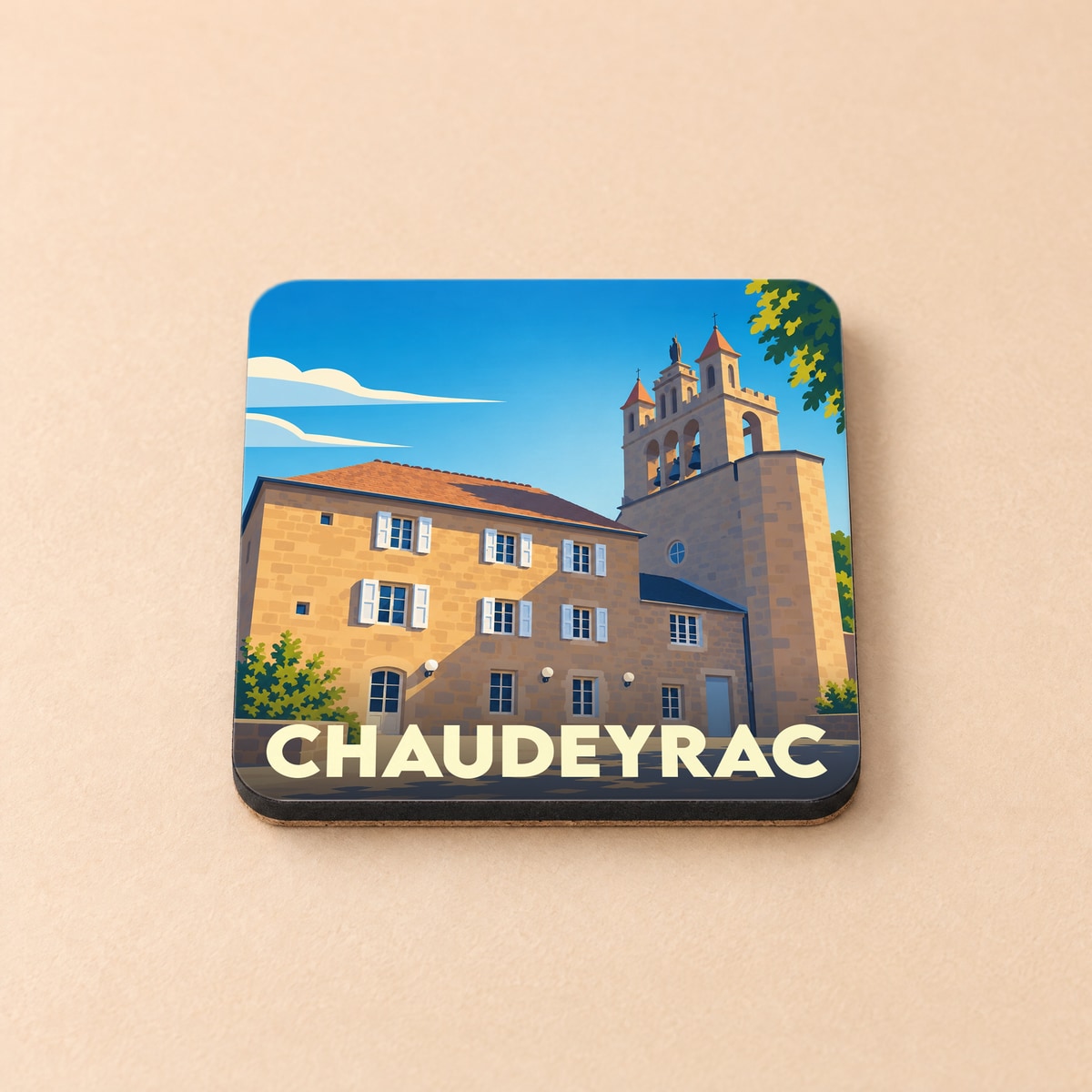 Dessous de verre souvenir de la ville de Chaudeyrac avec une illustration stylisée.