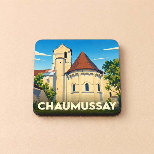 Dessous de verre souvenir de la ville de Chaumussay avec une illustration stylisée de son église.