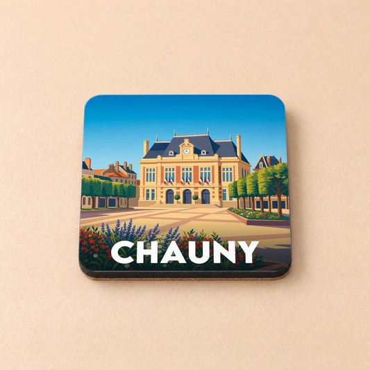 Dessous de verre souvenir de la ville de Chauny avec une illustration stylisée de l'hôtel de ville.