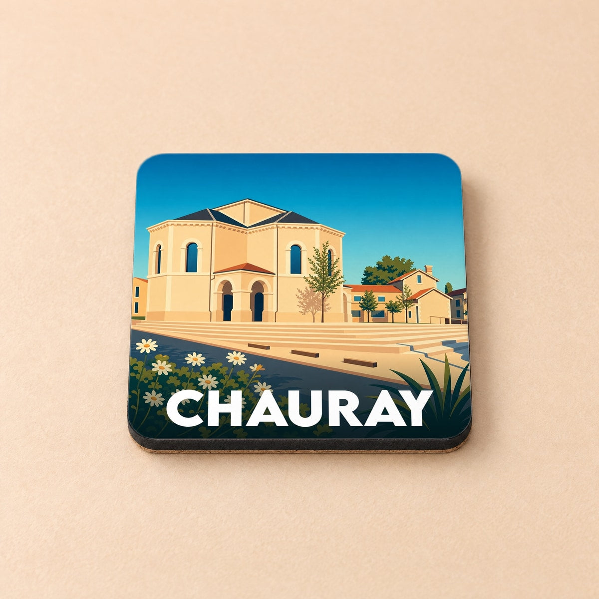 Dessous de verre souvenir de la ville de Chauray avec une illustration stylisée.