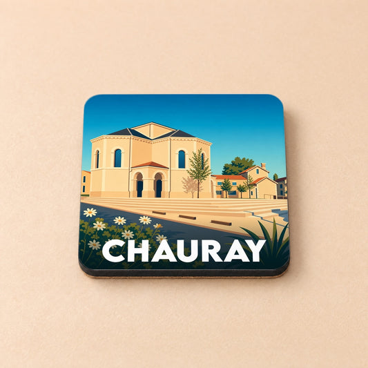 Dessous de verre souvenir de la ville de Chauray avec une illustration stylisée.