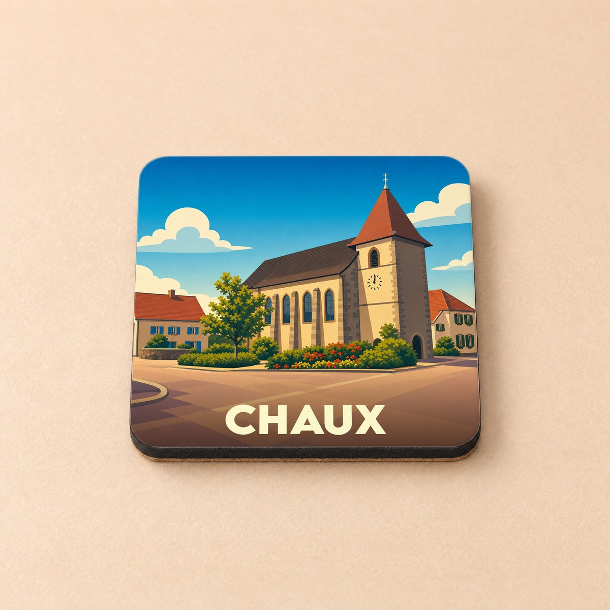 Dessous de verre souvenir de la ville de Chaux avec une illustration stylisée de son église.