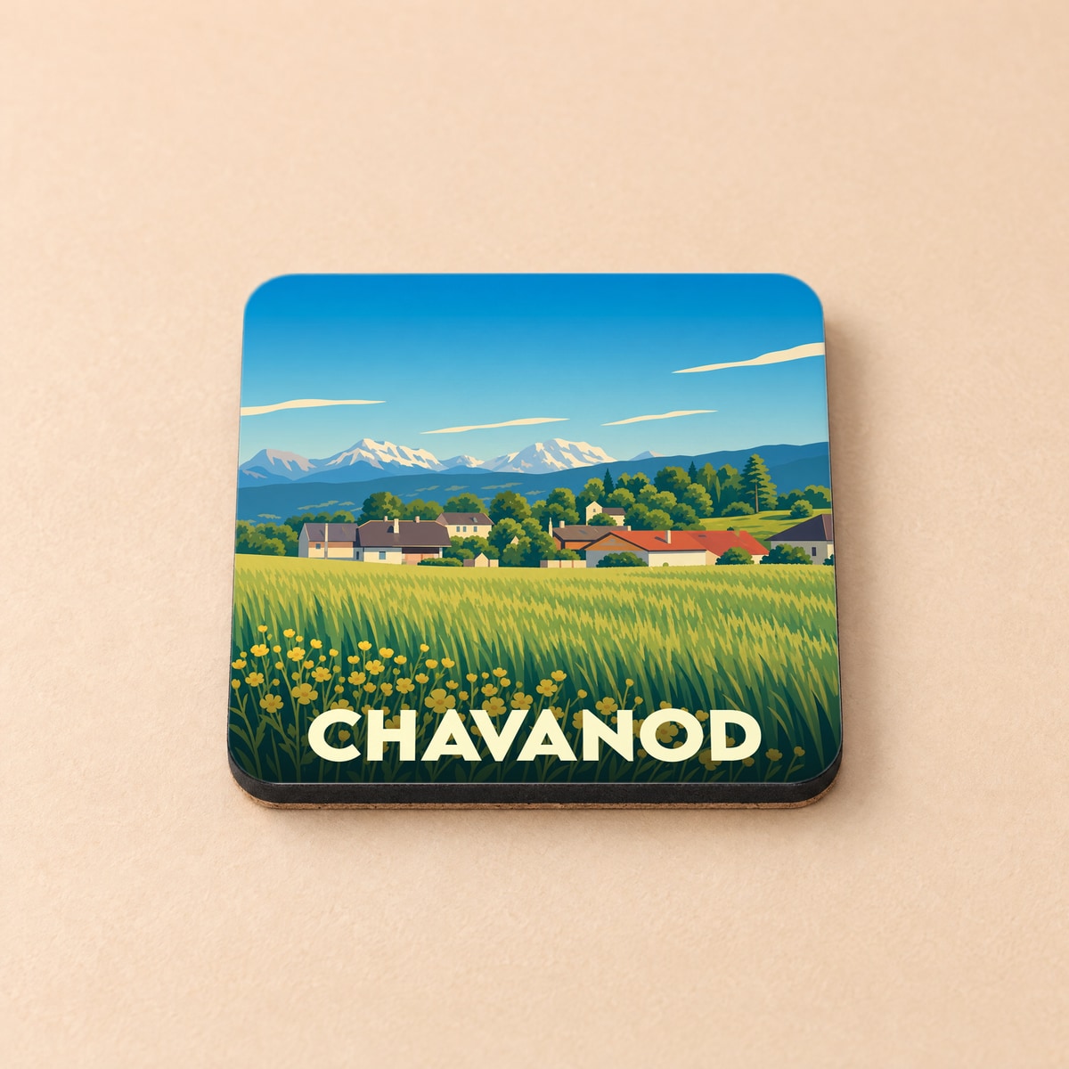 Dessous de verre souvenir de la ville de Chavanod avec une illustration stylisée de paysage alpin.