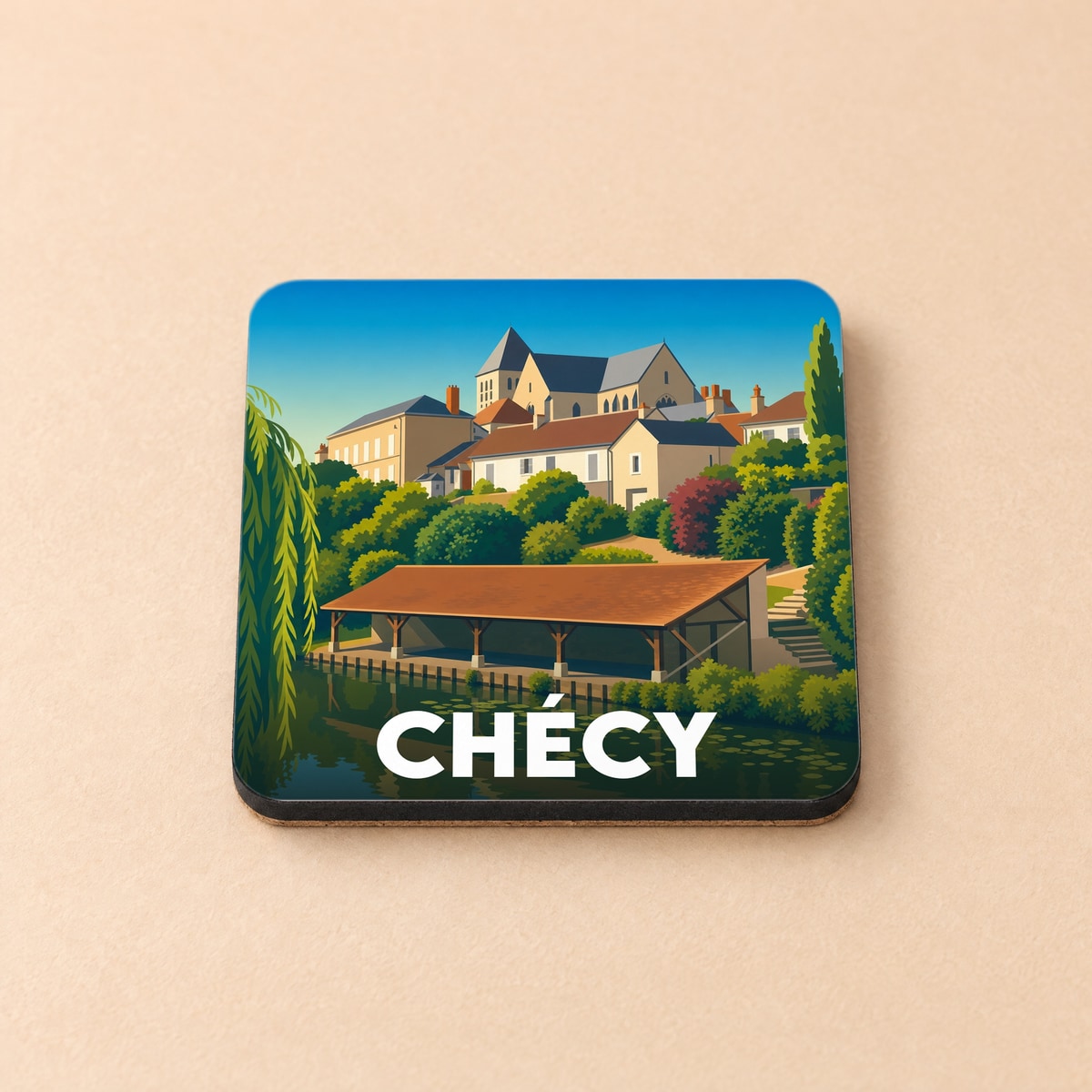 Dessous de verre souvenir de la ville de Chécy avec une illustration stylisée des bords de Loire.