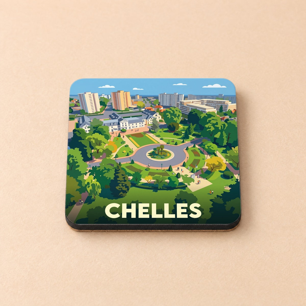 Dessous de verre souvenir de la ville de Chelles avec une illustration stylisée représentant un parc et des bâtiments urbains.