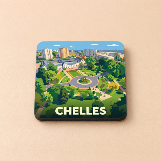 Dessous de verre souvenir de la ville de Chelles avec une illustration stylisée représentant un parc et des bâtiments urbains.