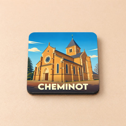 Dessous de verre souvenir de la ville de Cheminot avec une illustration stylisée de son église.