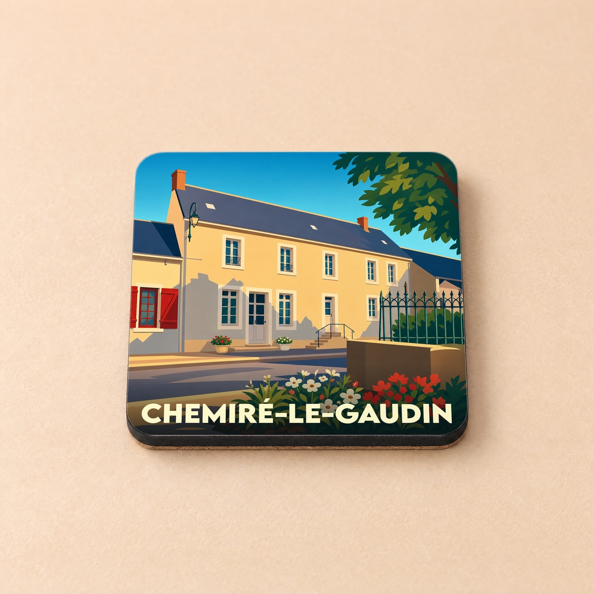 Dessous de verre souvenir de la ville de Chemiré-le-Gaudin avec une illustration stylisée d'une maison de village.