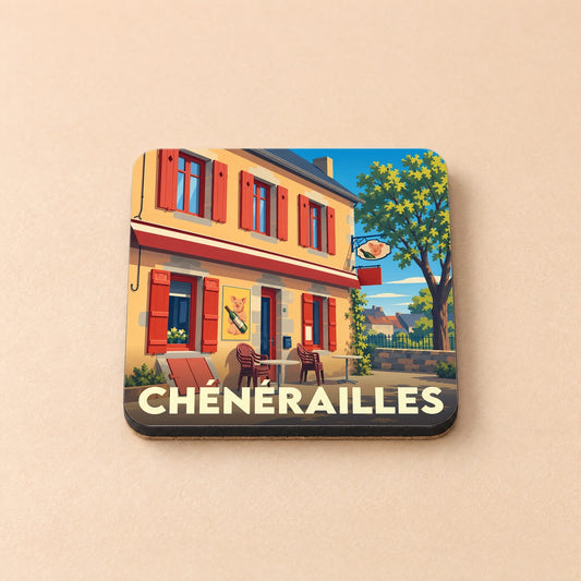 Dessous de verre souvenir de la ville de Chénérailles illustrant une terrasse de café typique dans un style rétro.